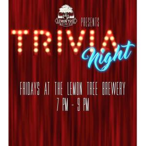 A red velvet stage curtain with the words Trivia night  Fridays at the Lemon Tree 7pm - 9 pm