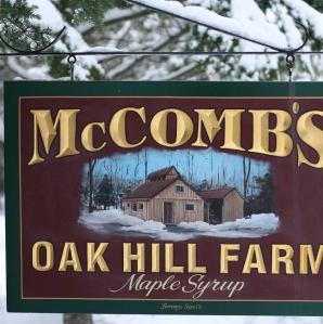 Sign of McCombs Oak Hill Farm where they make maple syrup