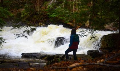 A woman watches Austin Falls from the shoreline