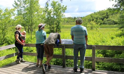 A group of people at a deck with interpretive signage on a trail