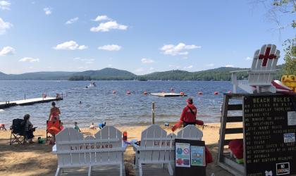 A public beach with mountain views