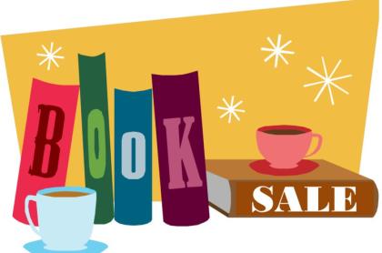 A cartoon image of four books standing upright&#44; each with a letter on it that spells out the word book. a fifth book is laying down and on its edge is the word sale. There are also a tea cup and a coffee mug near the books