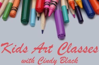 A variety of crayons&#44; markers&#44; and colored pencils on a grey table all lined up next to each other at the top of the picture&#44; underneath it reads kids art classes with Cindy Black