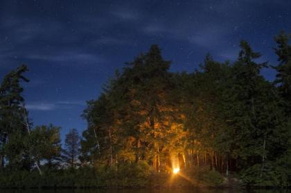 a phot taken at night with a dark blue sky and black silluettes of trees and a small gleam of light of a campfire glowing from the trees