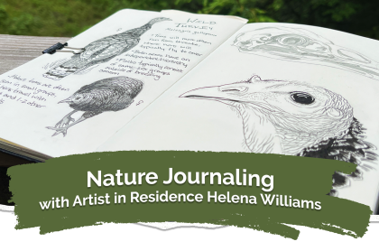 A photo of a journal with sketchings of a turkey and writing 