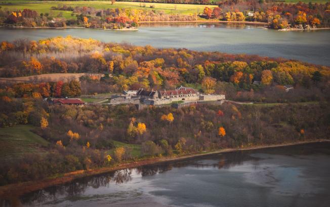 An aerial view of Fort Ticonderoga during the fall.