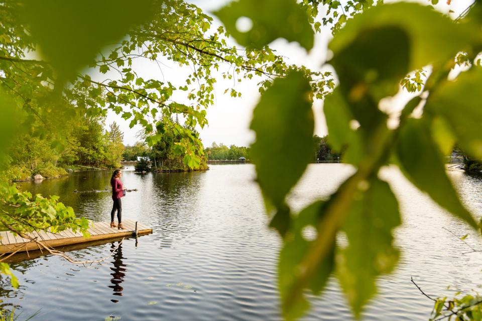 A woman looks out from a dock.