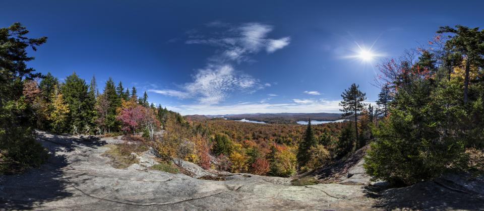 A bright fall foliage view on a sunny day with a blue sky.