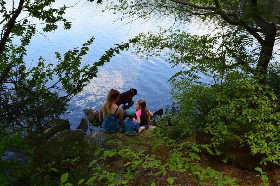 Kids and dog at Spruce Lake