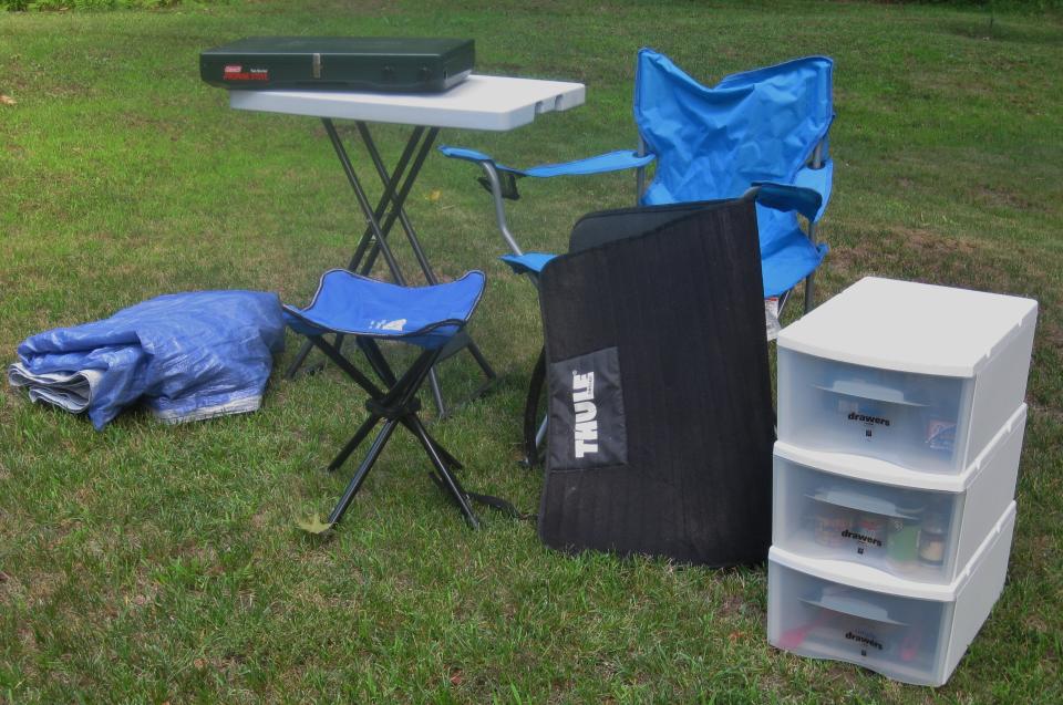 Mat is used for kayak loading and doormat for my tent. Storage bin is for utensils, spices, paper and plastic goods.