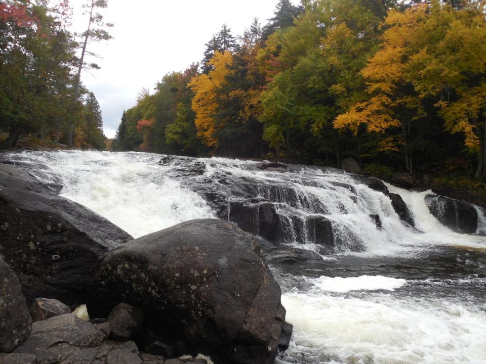 A short, broad waterfall is surrounded by trees with fall foliage.