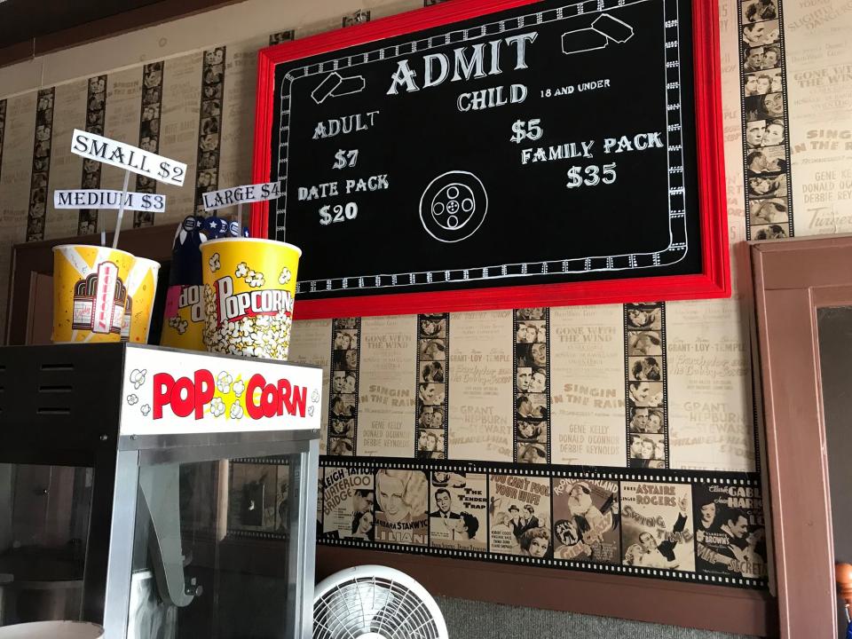 The fun, retro lobby of the Indian Lake Theater.