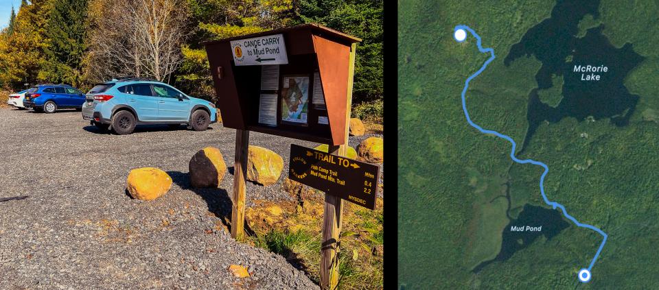 A split photo of a parking lot with three cars and a map of a trail.