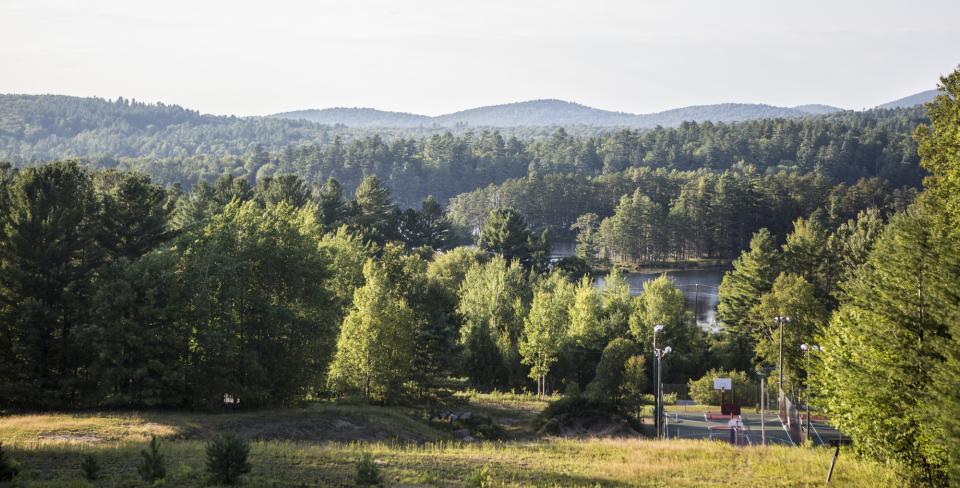 A view of rolling hills and a park