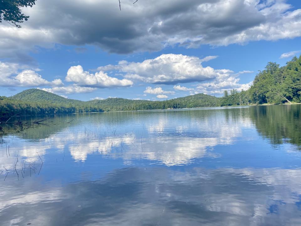 trees and clouds reflecting on lake