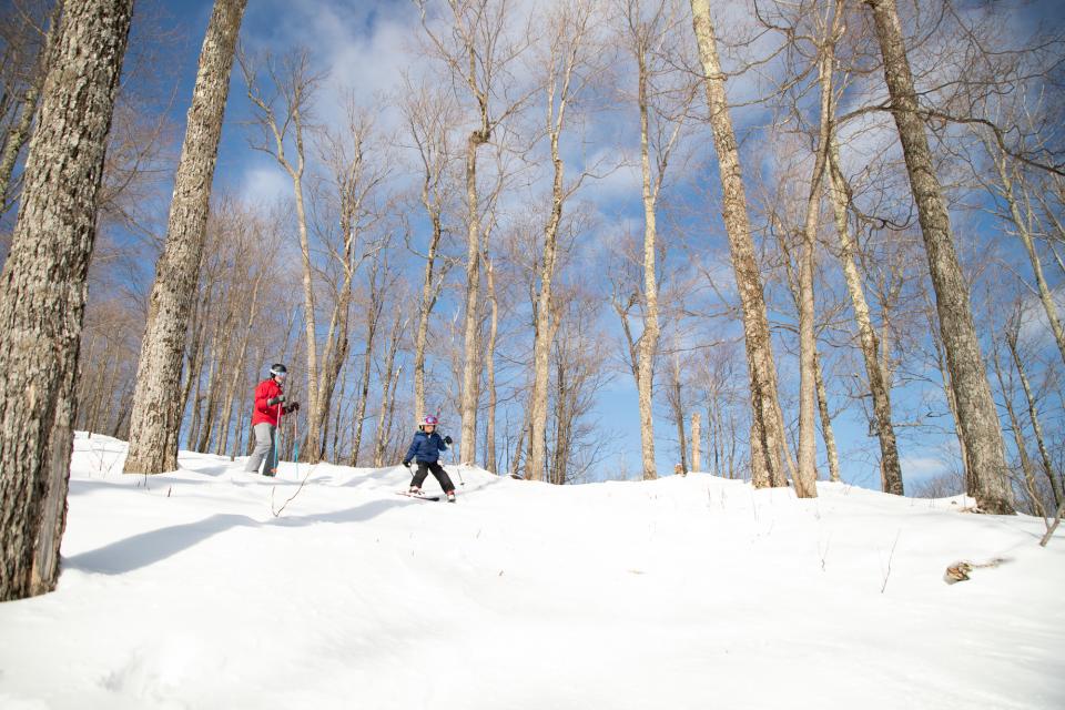 Two kids wearing brightly colored winter jackets ski fresh powder under a blue sky at Oak Mountain