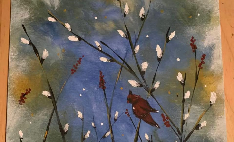 A painting of pussy willows, other flora and a cardinal