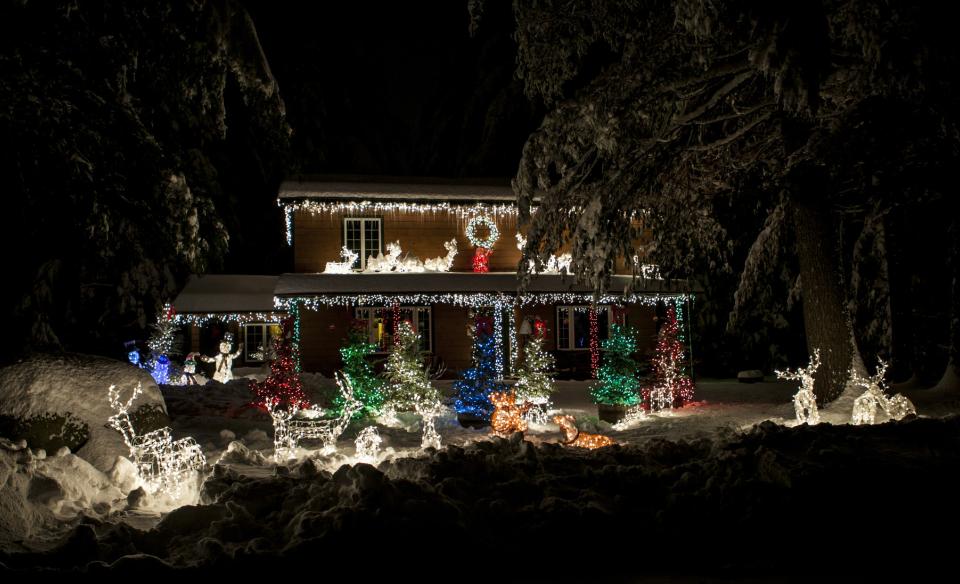 A  photo of a home decorated with lights and figures of deer, forest animals, and snowmen