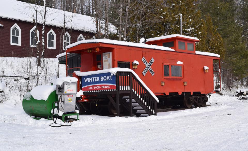 the caboose at Raquette Lake in winter