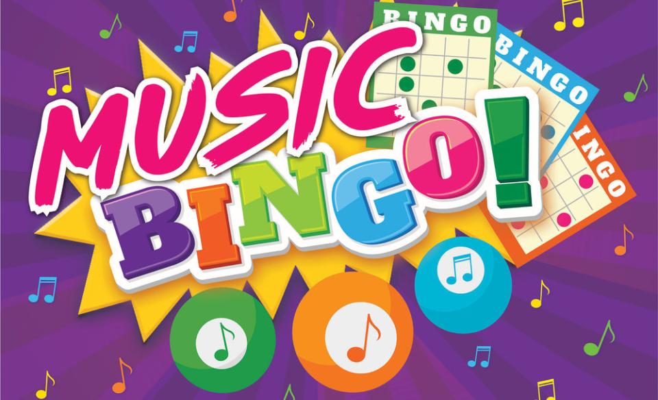 a poster that reads music Bingo with bingo cards and music notes in the background