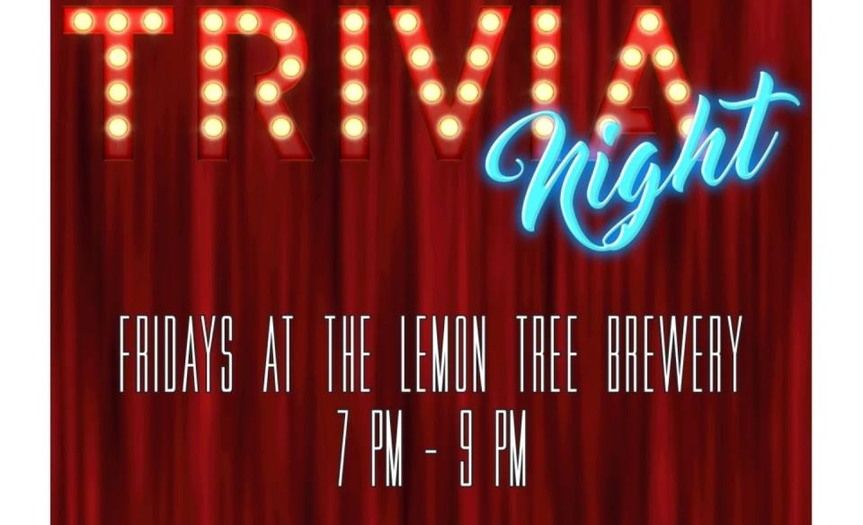 A red velvet stage curtain with the words Trivia night  Fridays at the Lemon Tree 7pm - 9 pm