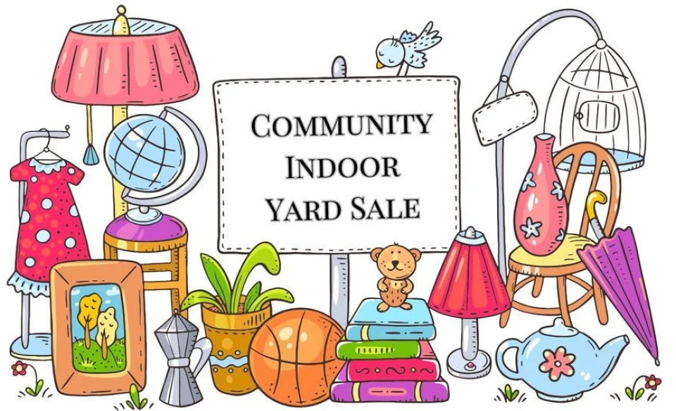 clip art image of a variety if household items surrounding a sign that says community indoor garage sale