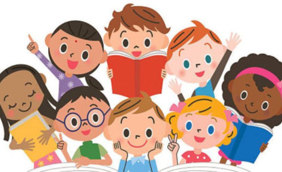 clip art of several children of different ethnicoties and genders enjoying books