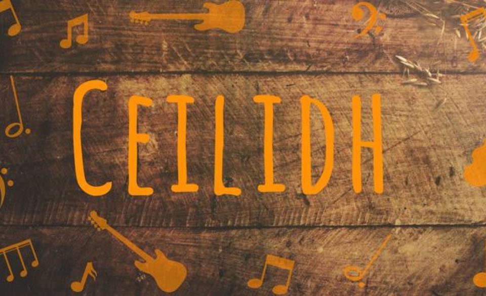 the word ceilidh in orange letters on barn board background with sketches of instruments and music notes around