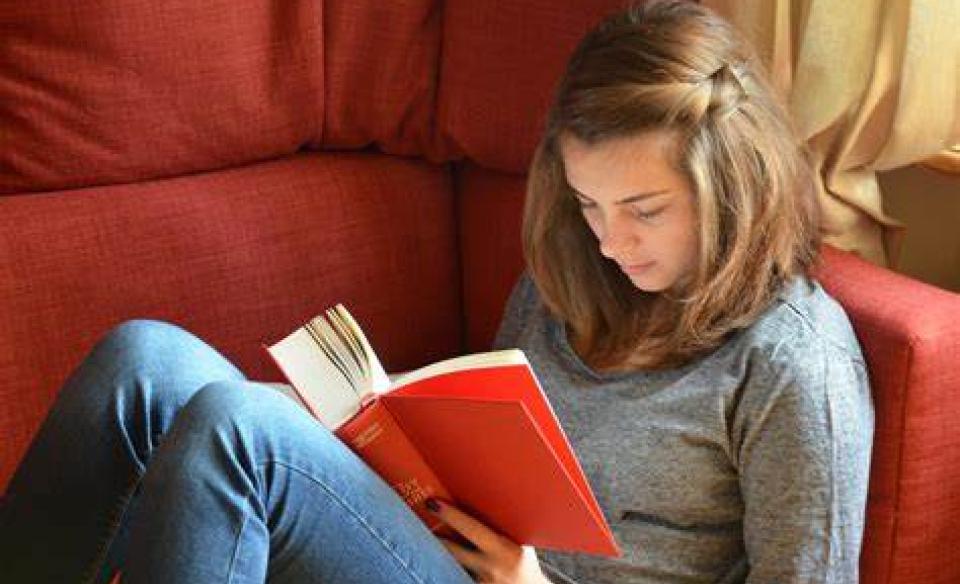 A young woman sitting on a couch reading a book