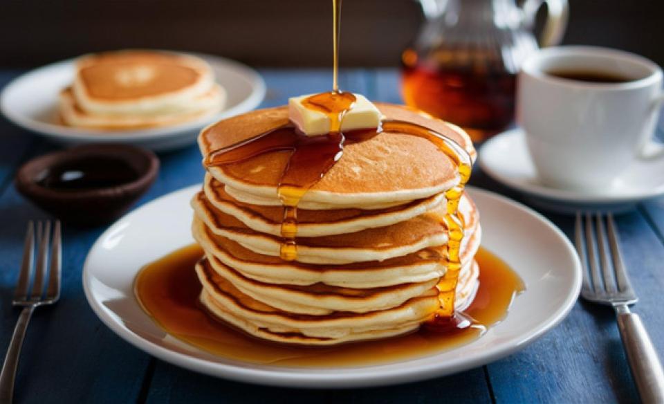 A stack of pancakes with a tab of butter on them and syrup being poured over them