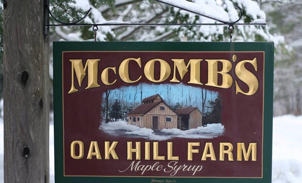 Sign of McCombs Oak Hill Farm where they make maple syrup