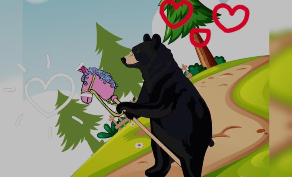 An image of a bear riding a hobby horse on a path in the forest with drawn in hearts in the background