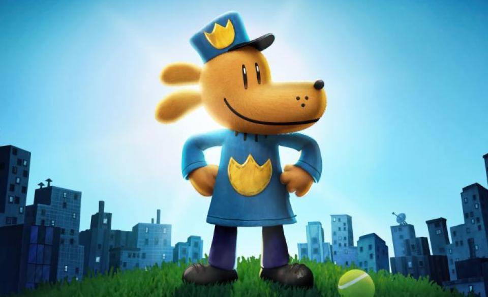 An image of dog man standing in his uniform before the city skyline