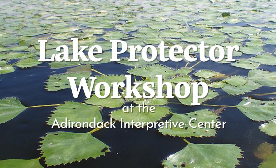 image of lilly pads floating in still water with a white text overlay reading Lake Protector Workshop at the Adirondack Interpretive Center