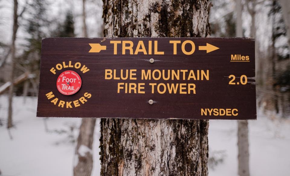 Wooden sign for Blue Mountain Fire Tower