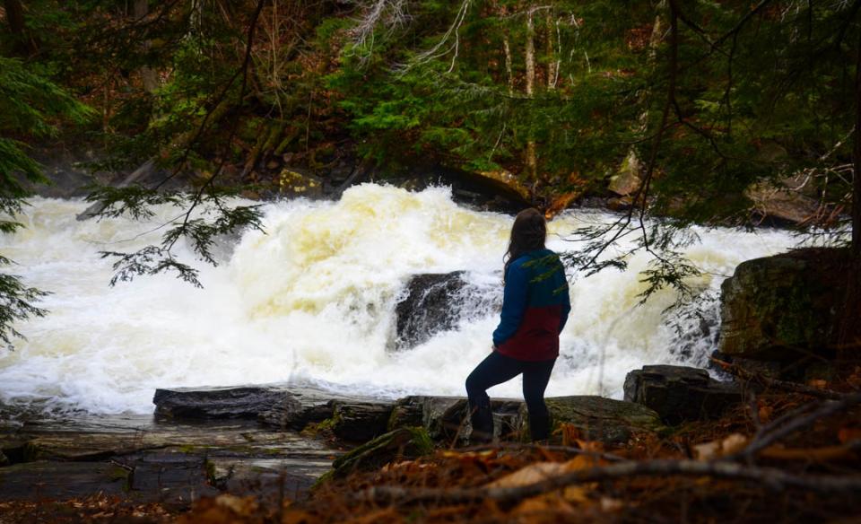 A woman watches Austin Falls from the shoreline