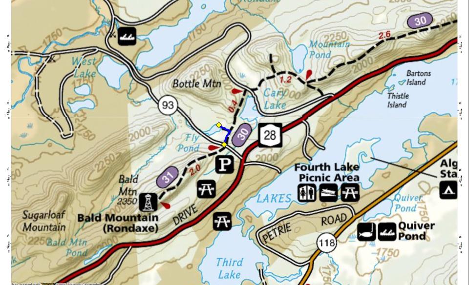 A map with several lakes and a main road.