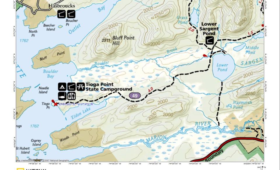 A map of a trail with a large lake to the left.