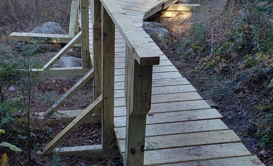 A winding wooden bridge