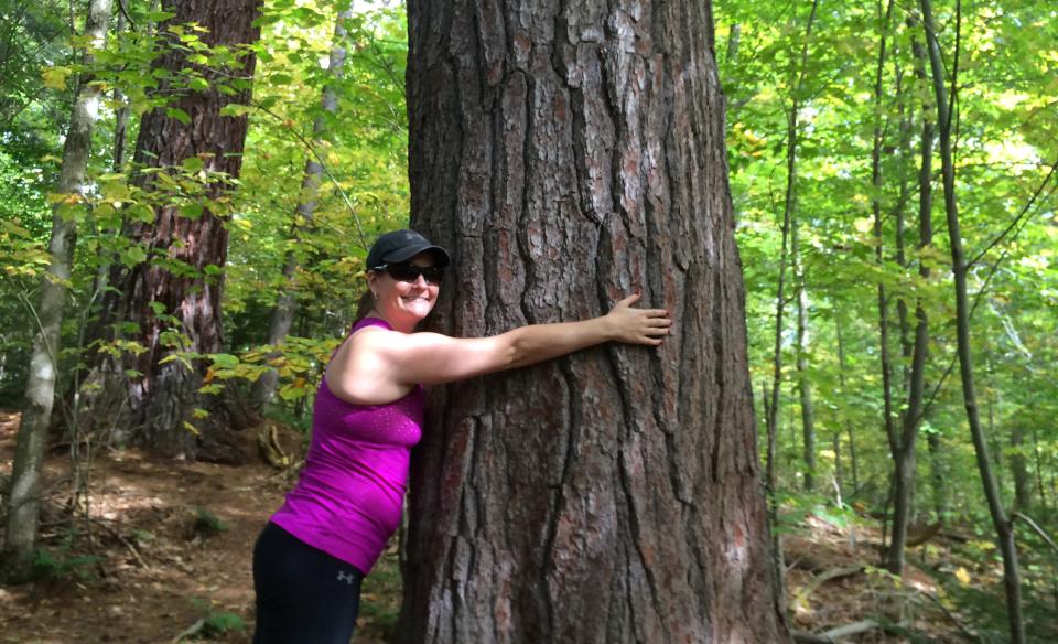 A woman hugging a large pine tree