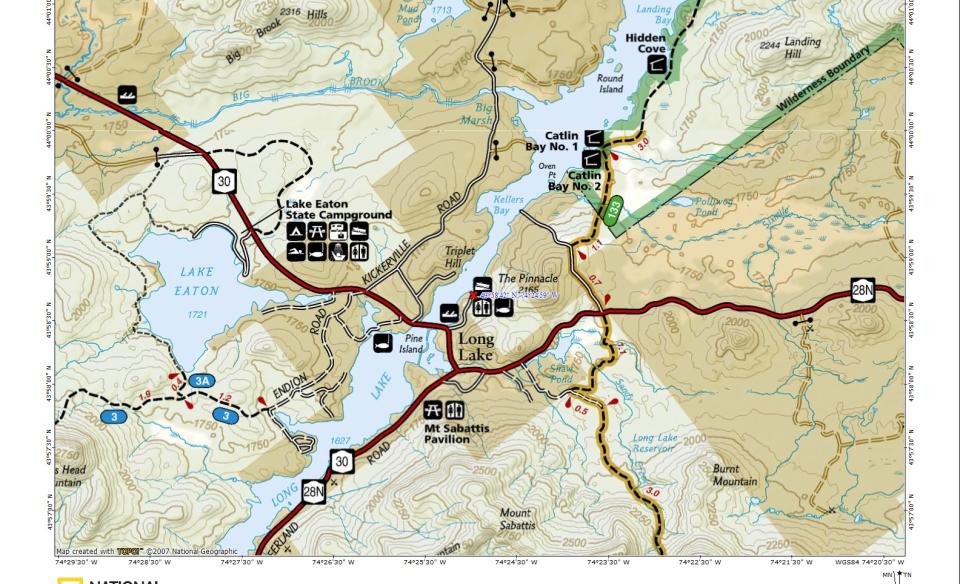 A map of Long Lake, NY showing where a boat launch is