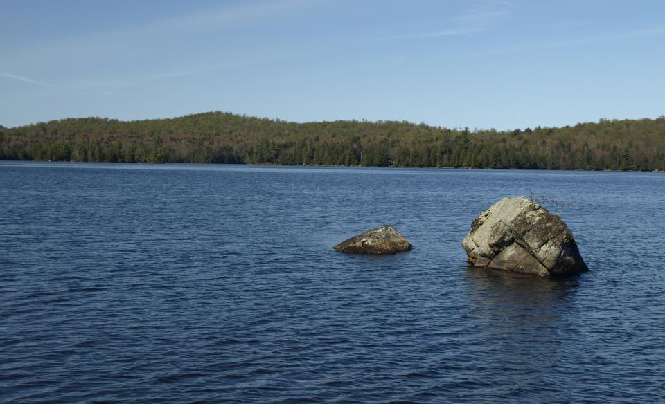 A couple large rocks sticking out of a pond.