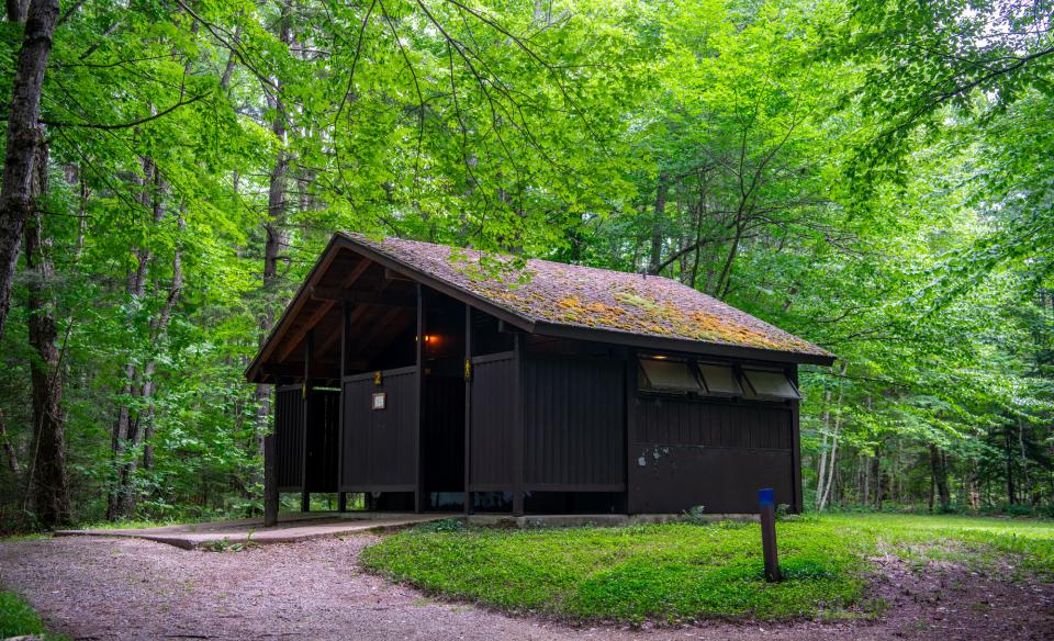 A rustic bathroom facility