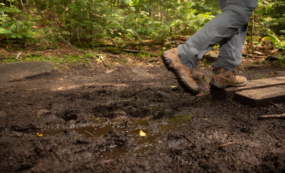 Hiking boots in the mud.