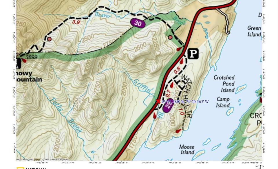 A map with many hiking trails and Indian Lake