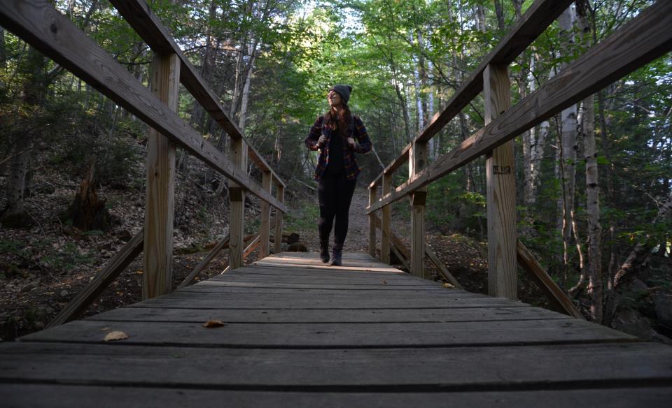 A hiker walking along a wooden bridge on the Castle Rock Trail.