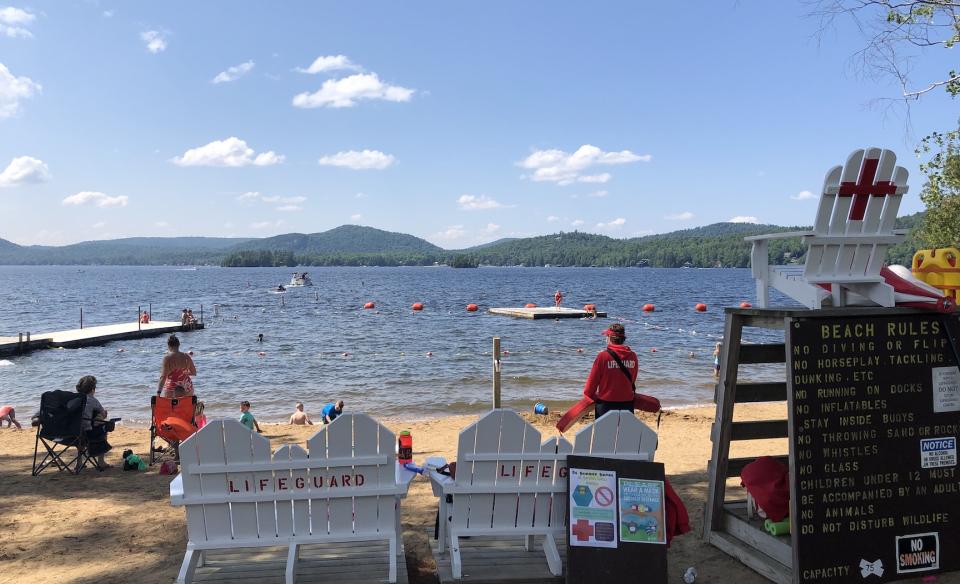 A public beach with mountain views