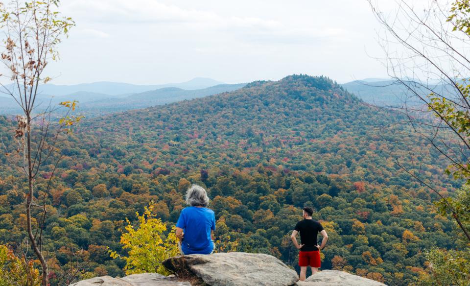 A couple people looking out over the wilderness